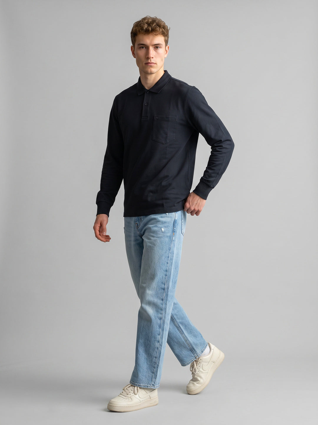 Men Navy Blue Solid Polo Collar Full Sleeve Winter T-Shirt