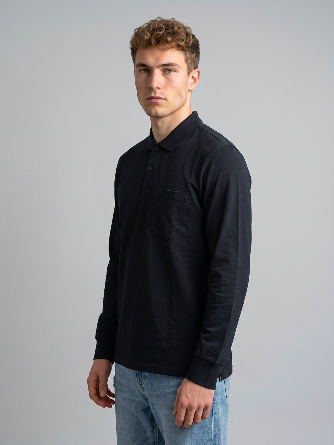 Men Navy Blue Solid Polo Collar Full Sleeve Winter T-Shirt