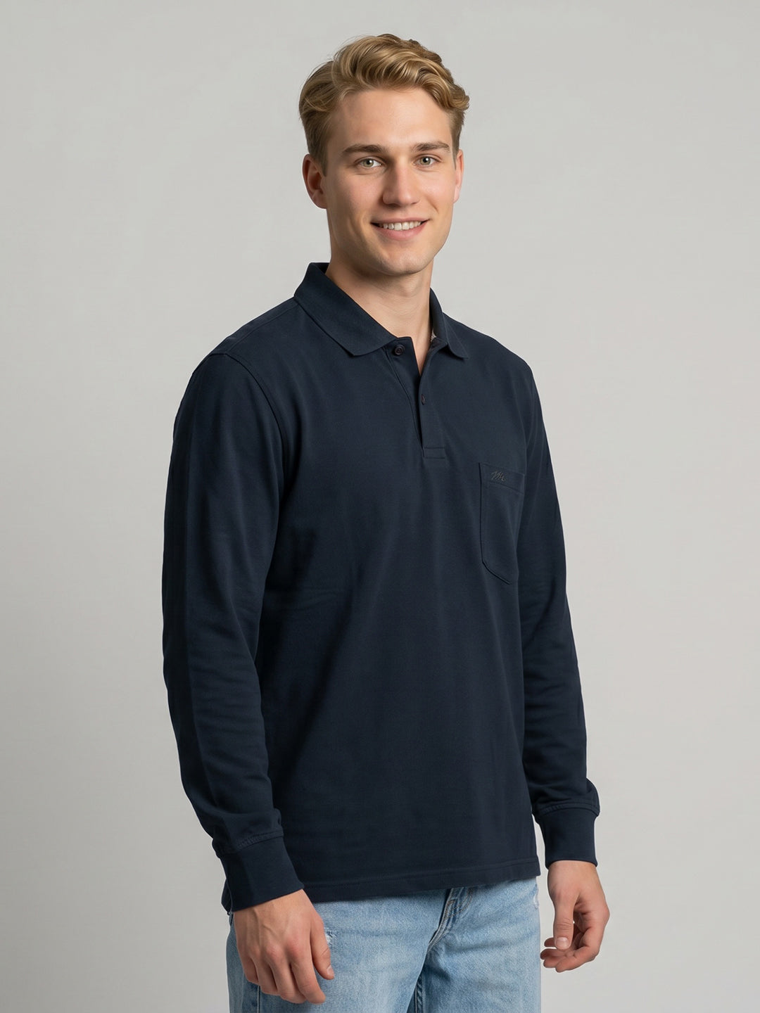 Men Navy Blue Solid Polo Collar Full Sleeve T-Shirt