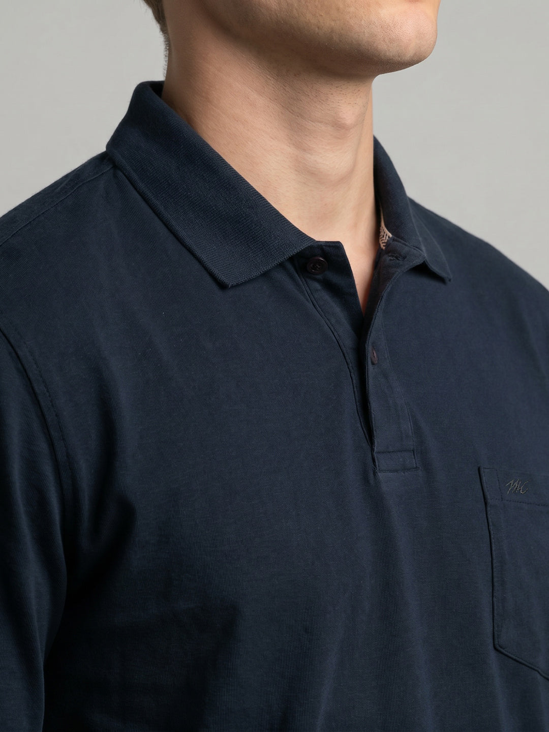 Men Navy Blue Solid Polo Collar Full Sleeve T-Shirt