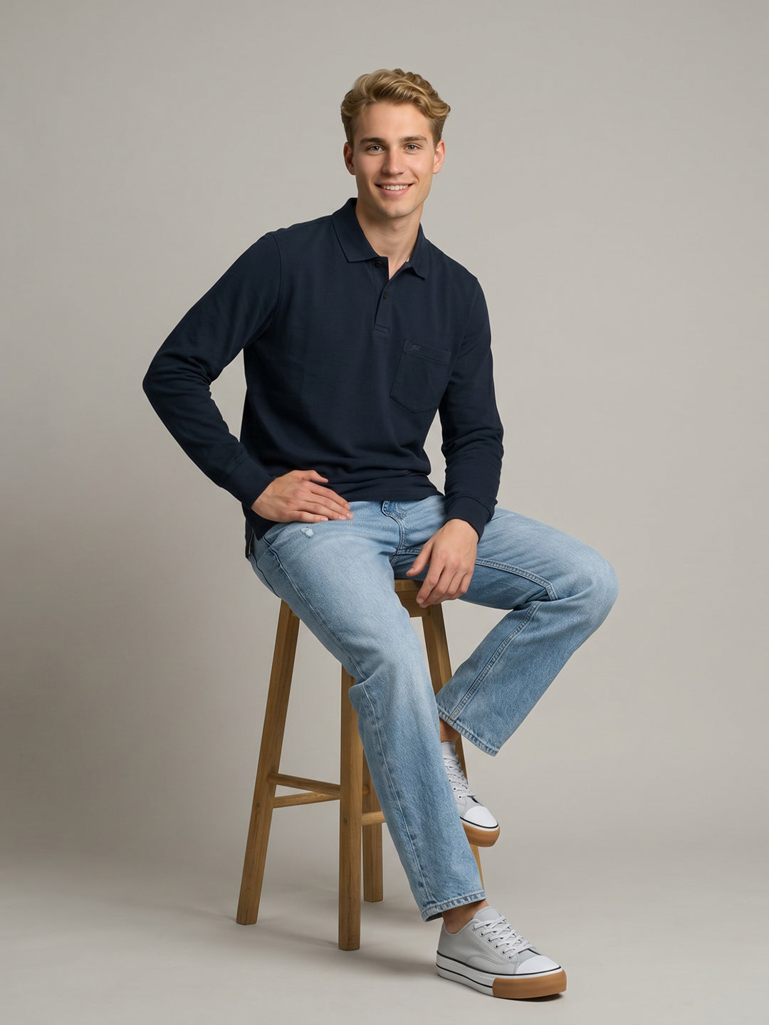 Men Navy Blue Solid Polo Collar Full Sleeve T-Shirt