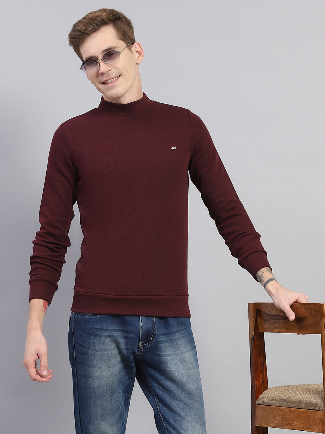 Men Maroon Solid Turtle Neck Full Sleeve Winter T-Shirt