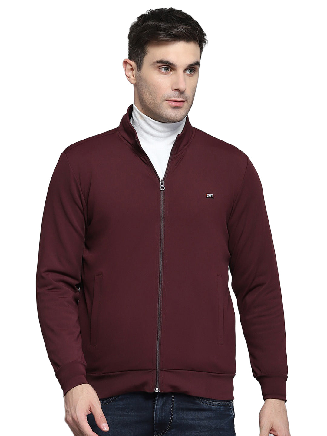 Men Maroon Solid Mock Neck Full Sleeve Winter T-Shirt