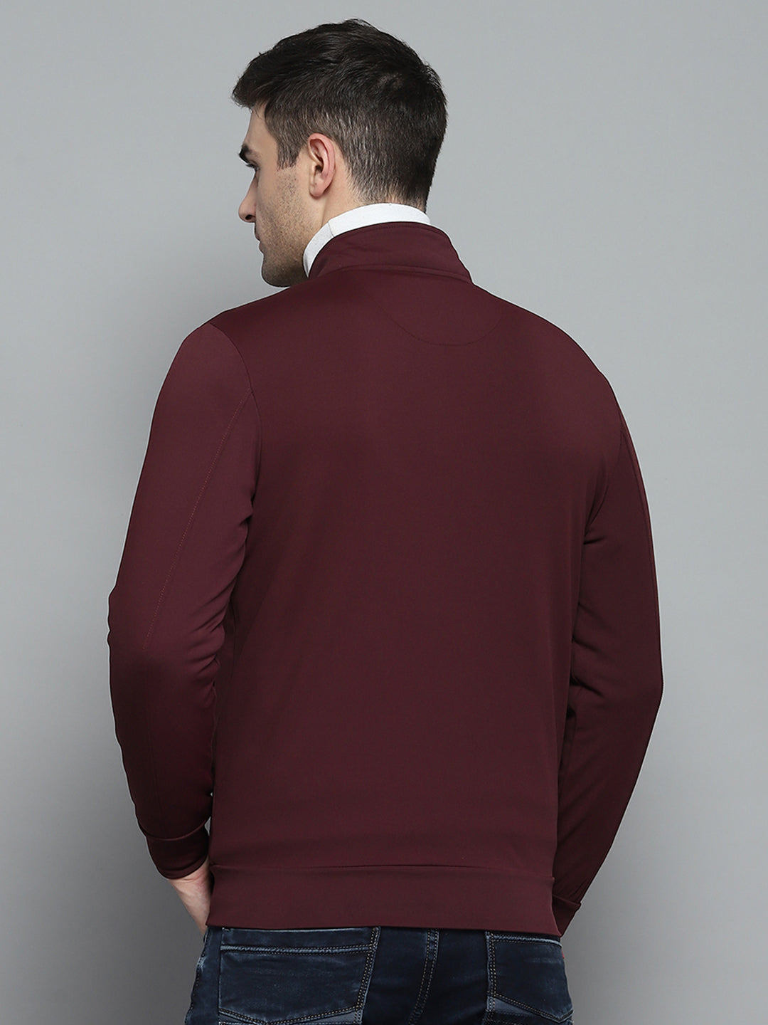 Men Maroon Solid Mock Neck Full Sleeve Winter T-Shirt