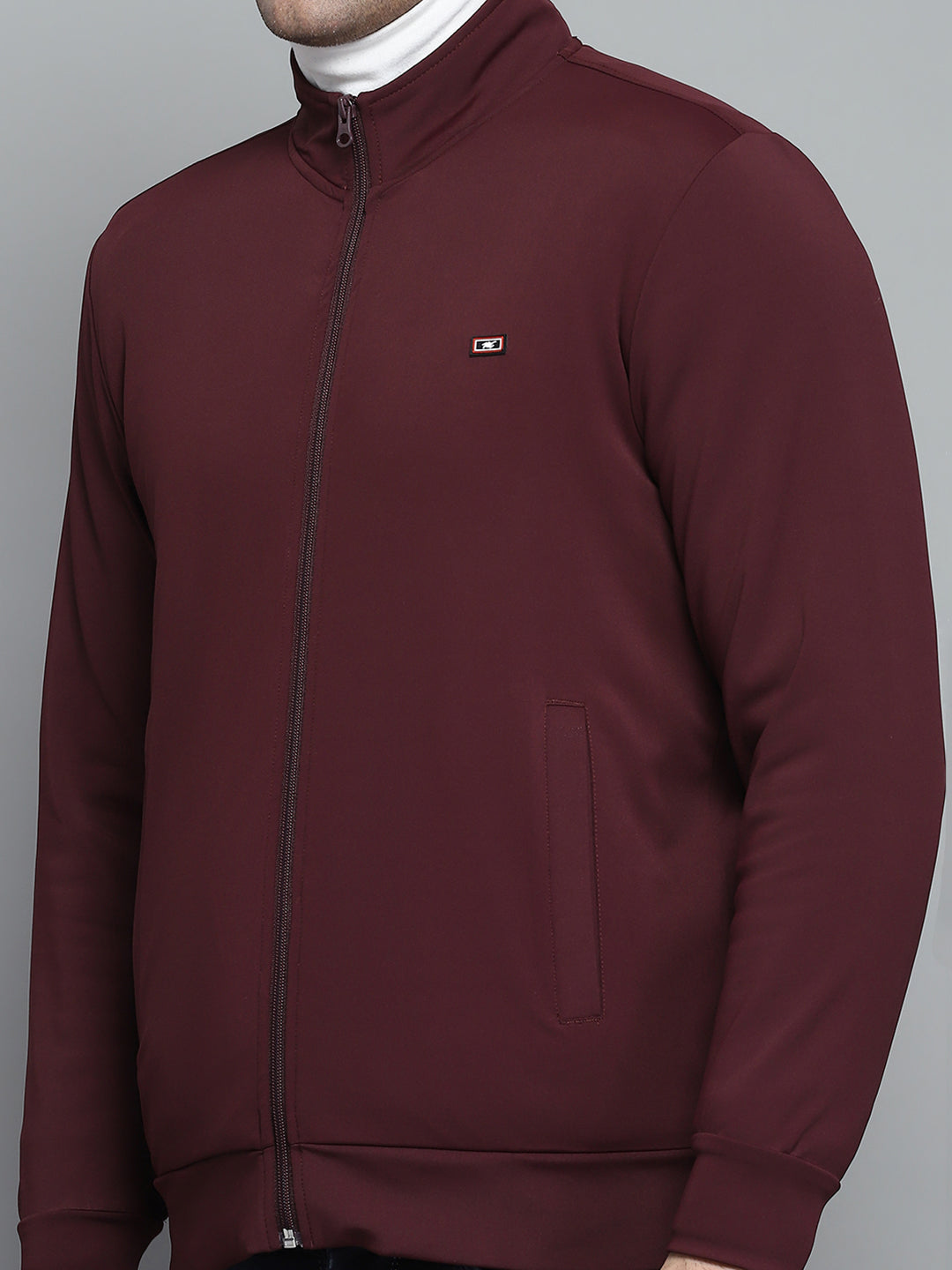 Men Maroon Solid Mock Neck Full Sleeve Winter T-Shirt