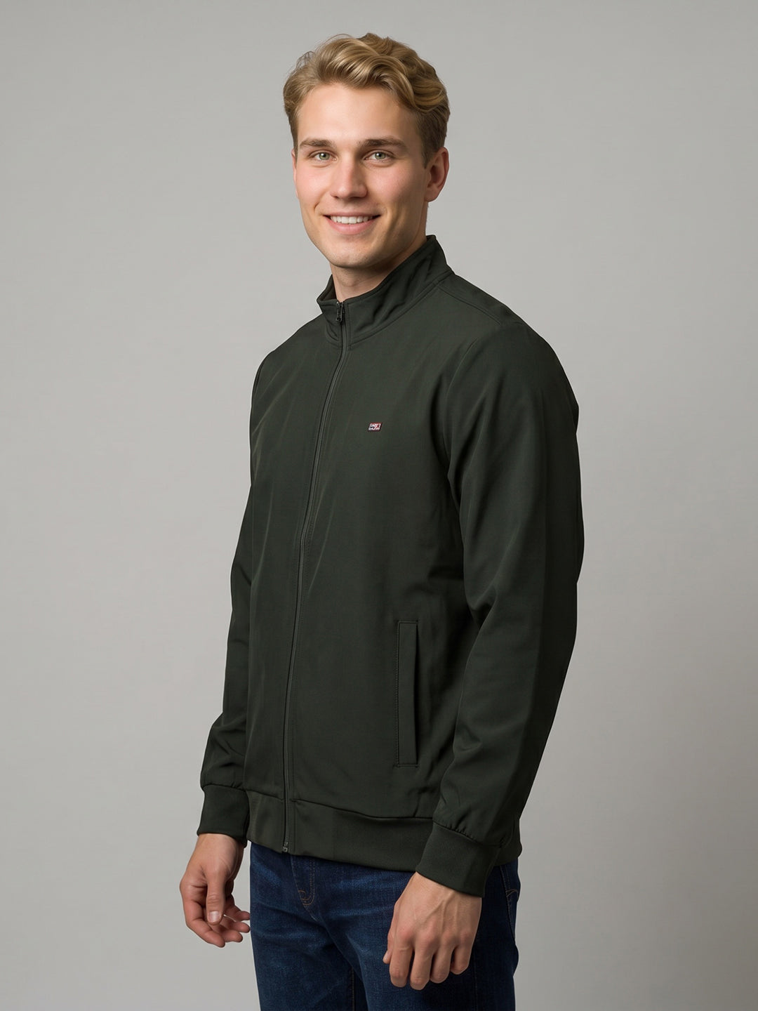 Men Olive Solid Stand Collar Full Sleeve Jacket