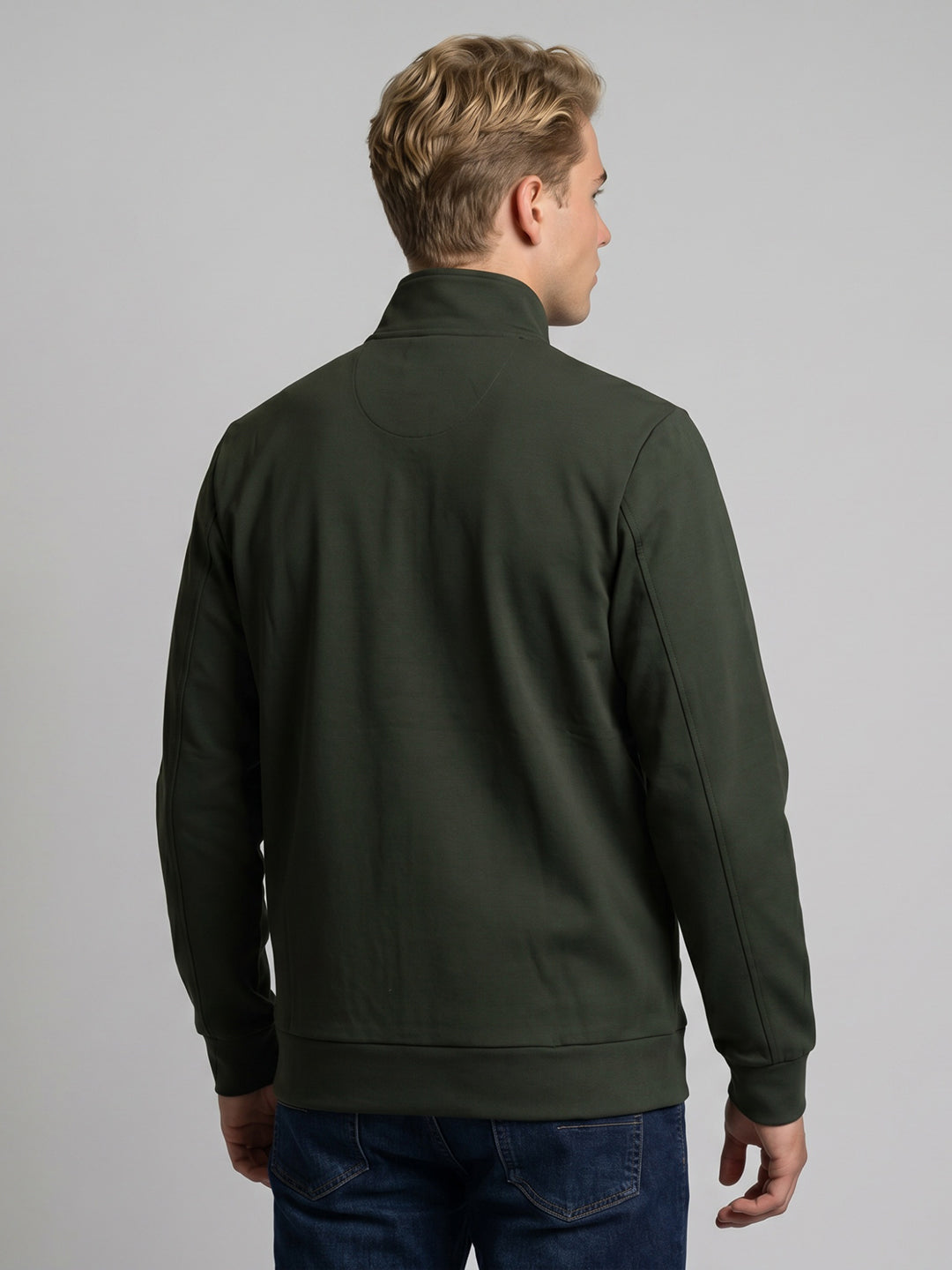 Men Olive Solid Stand Collar Full Sleeve Jacket