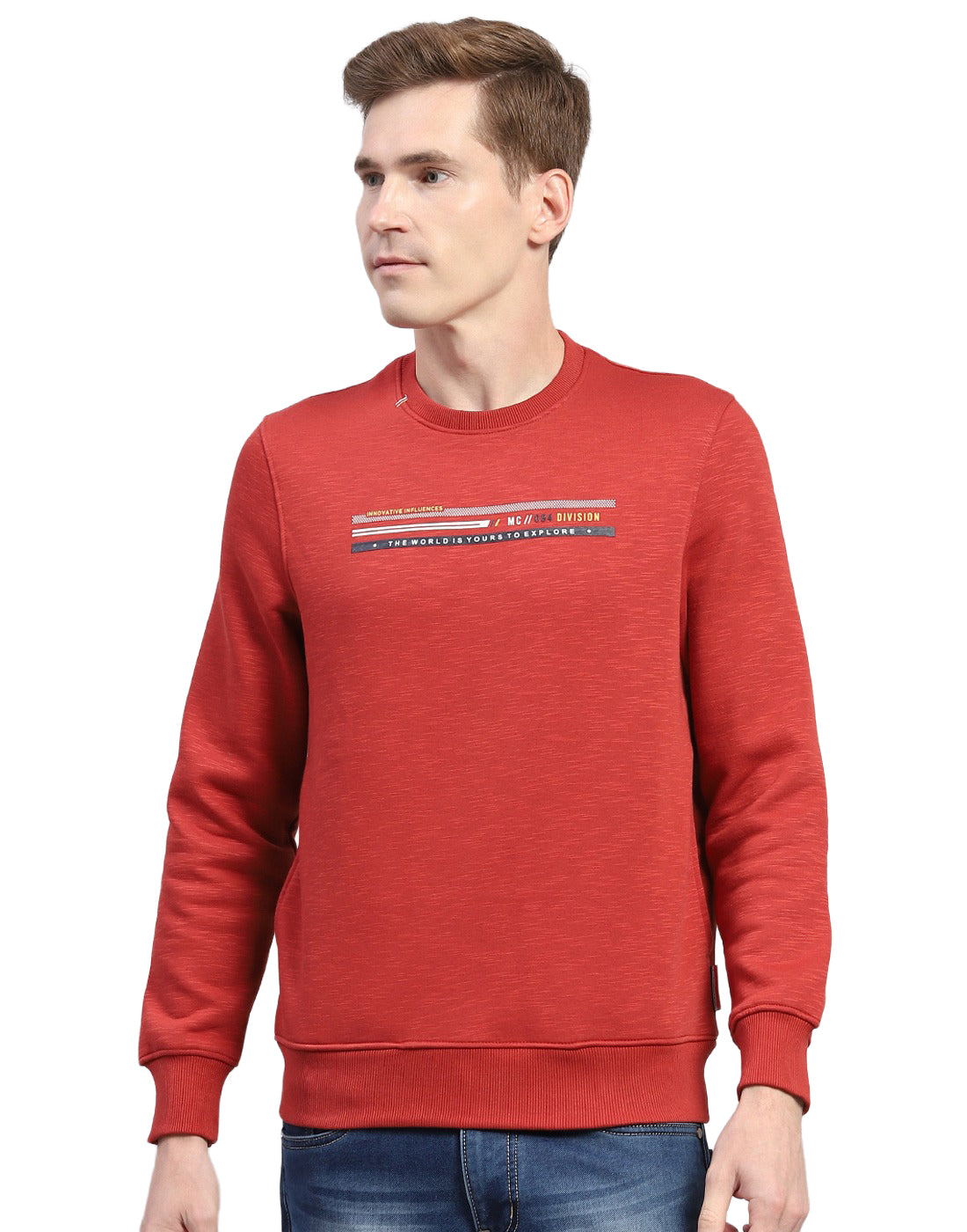Men Rust Printed Round Neck Full Sleeve Sweatshirt