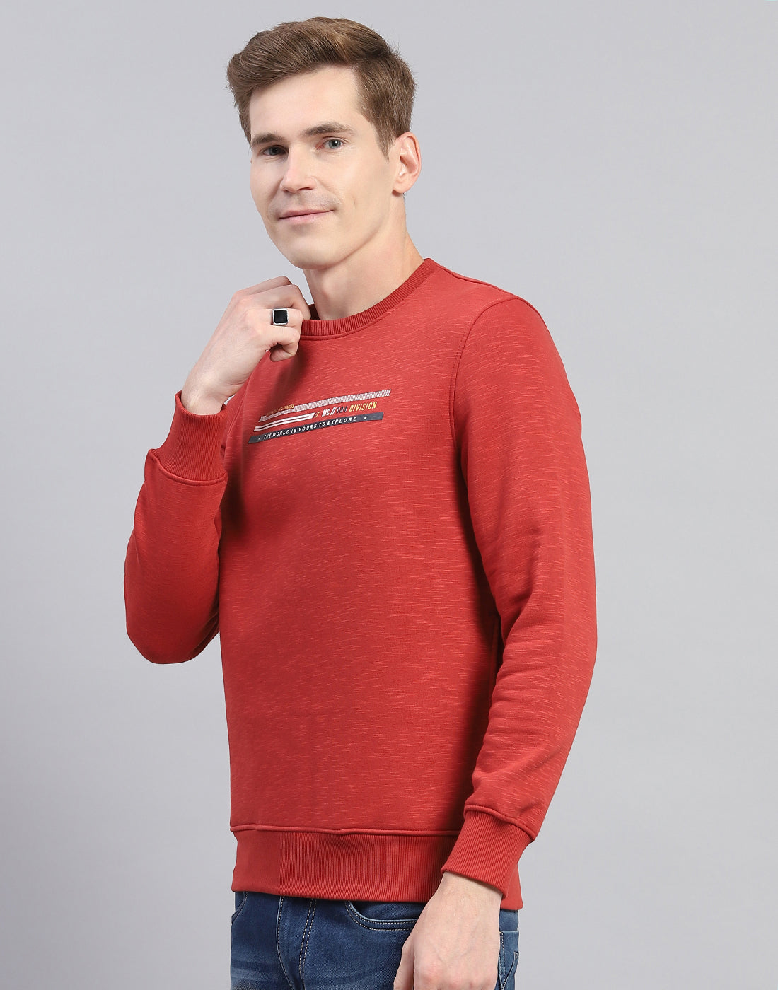 Men Rust Printed Round Neck Full Sleeve Sweatshirt