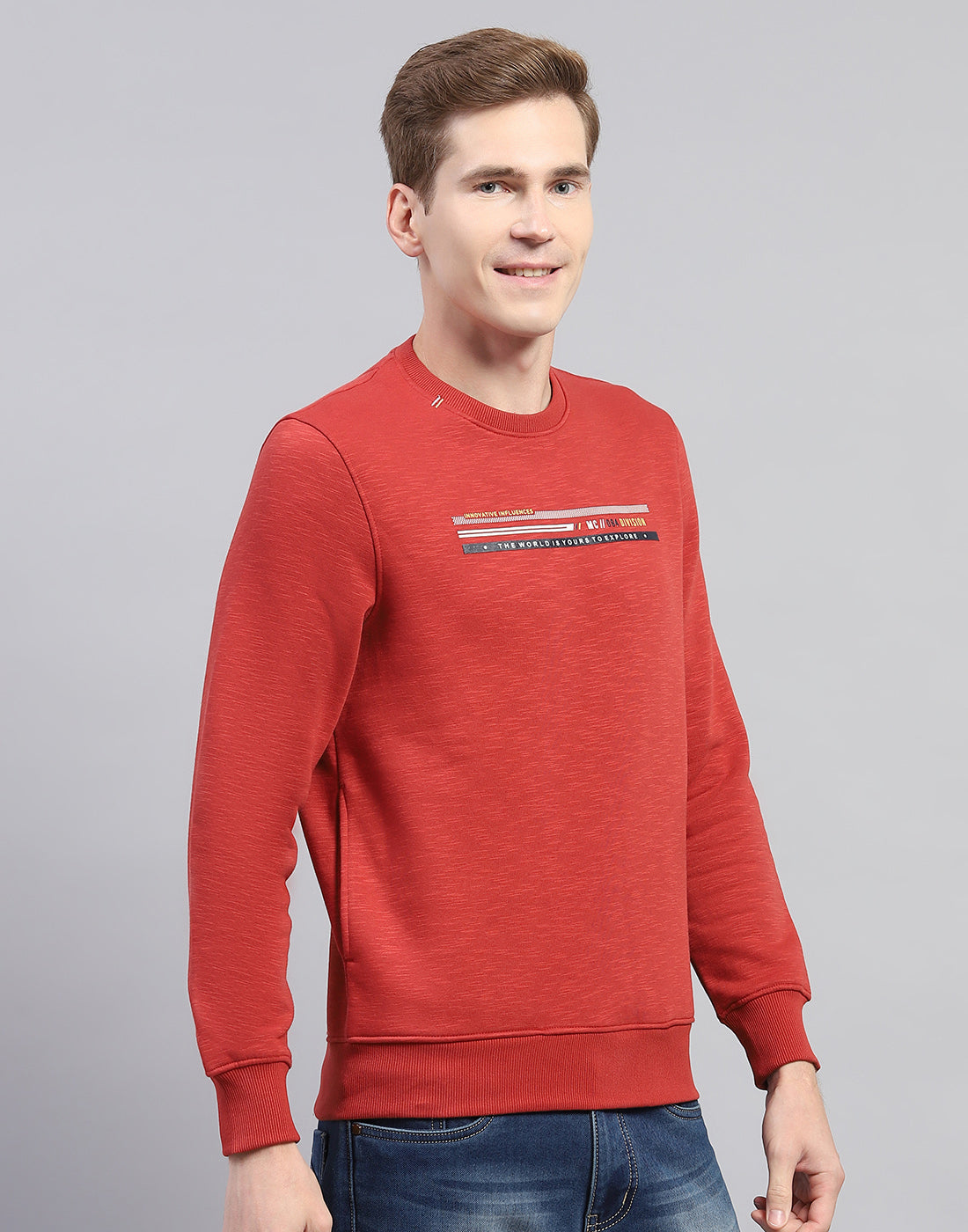 Men Rust Printed Round Neck Full Sleeve Sweatshirt