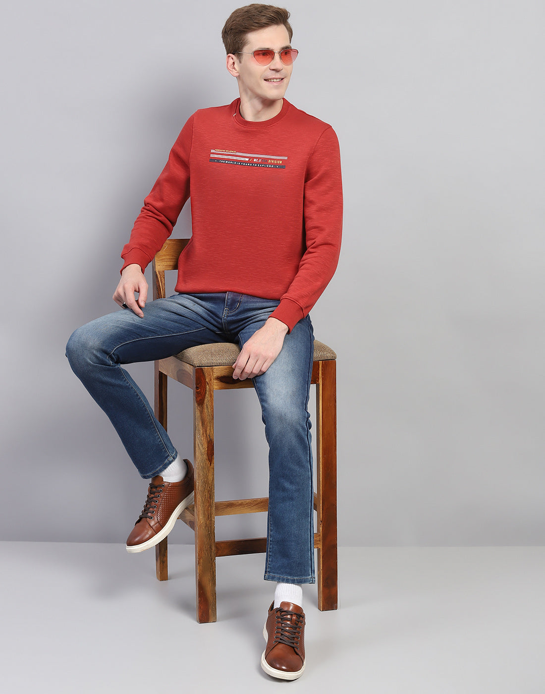 Men Rust Printed Round Neck Full Sleeve Sweatshirt