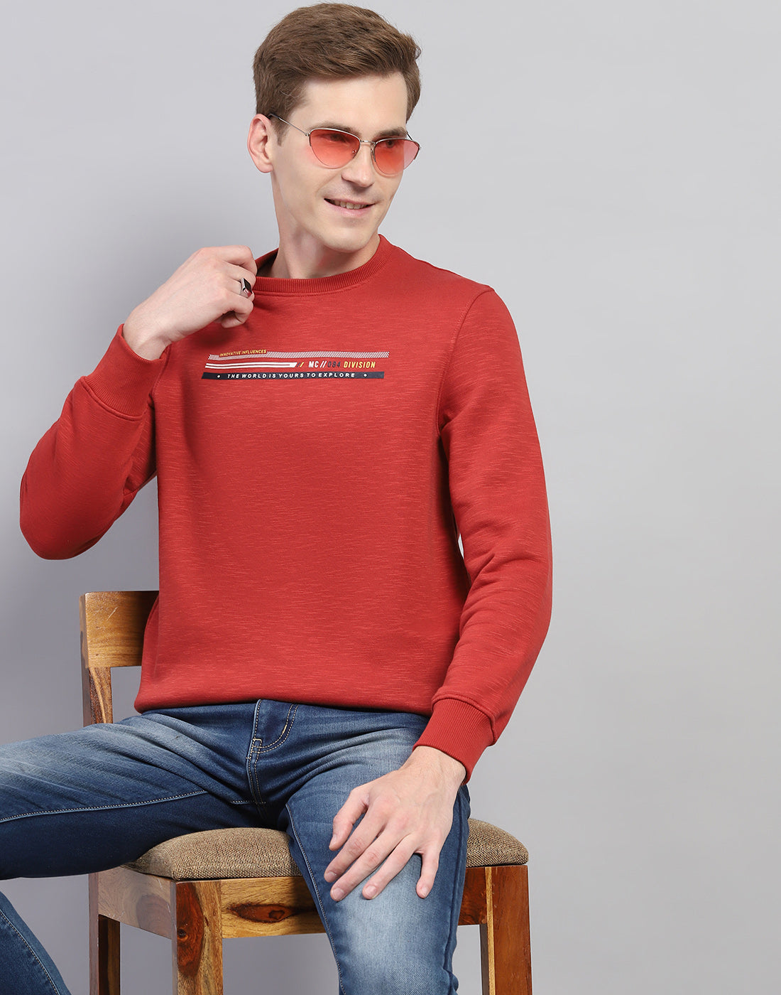 Men Rust Printed Round Neck Full Sleeve Sweatshirt