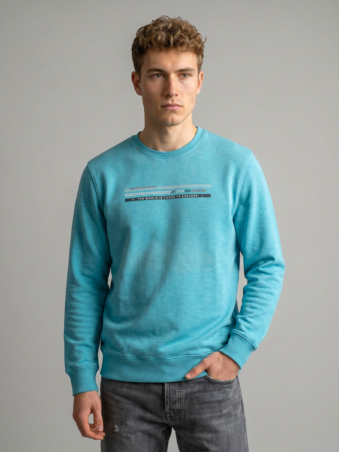 Men Turquoise Blue Printed Round Neck Full Sleeve Sweatshirt