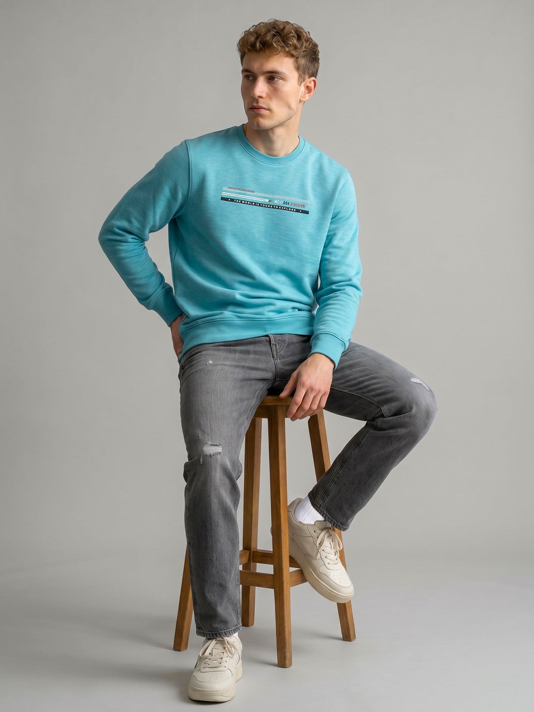 Men Turquoise Blue Printed Round Neck Full Sleeve Sweatshirt