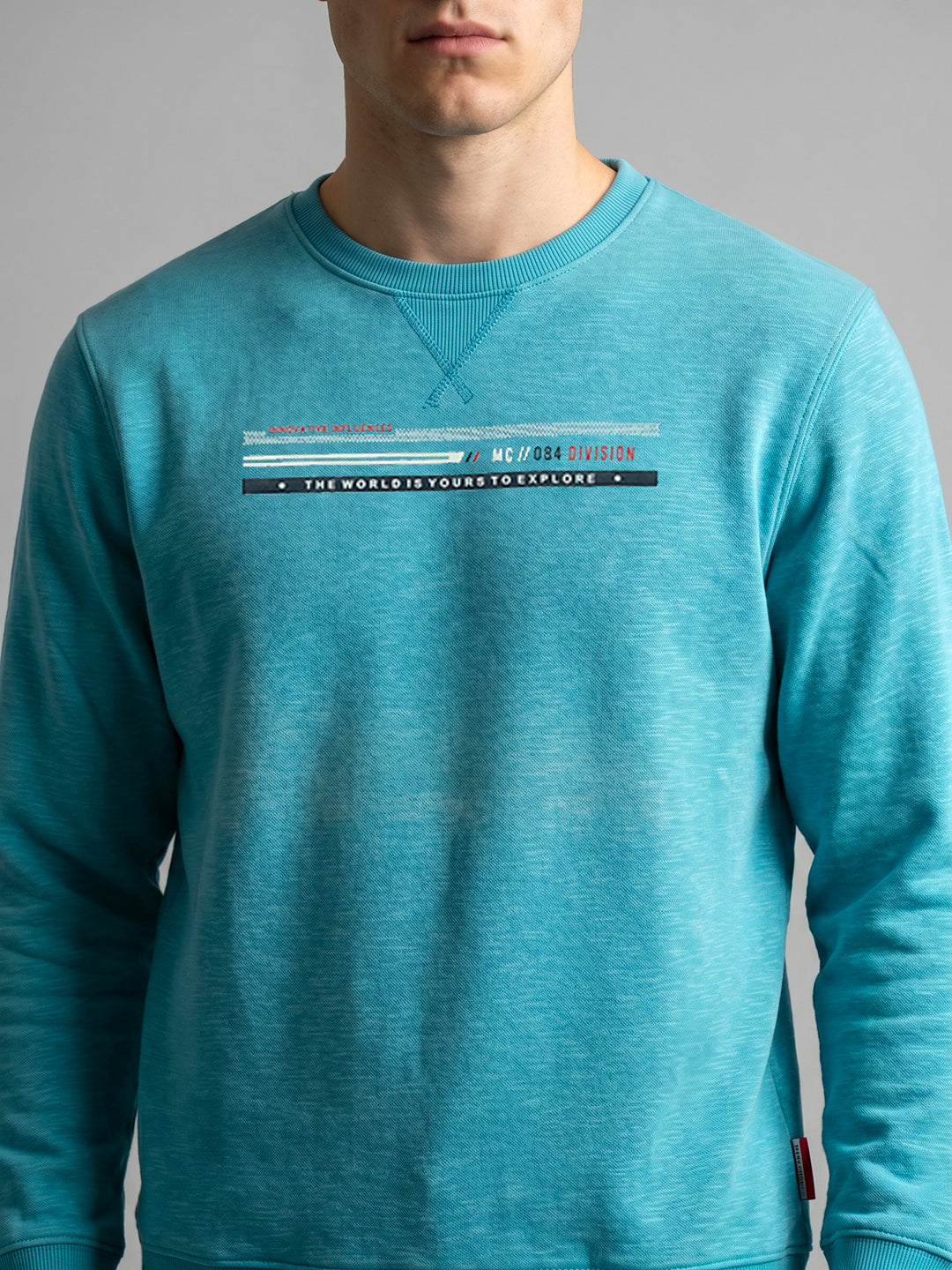 Men Turquoise Blue Printed Round Neck Full Sleeve Sweatshirt