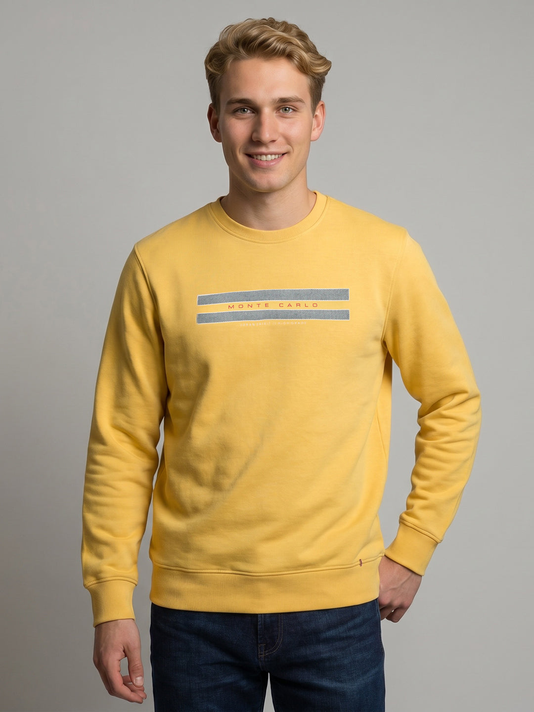 Men Yellow Solid Round Neck Full Sleeve Sweatshirt