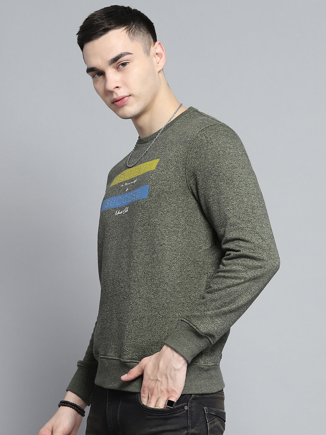 Men Green Printed Round Neck Full Sleeve Sweatshirt
