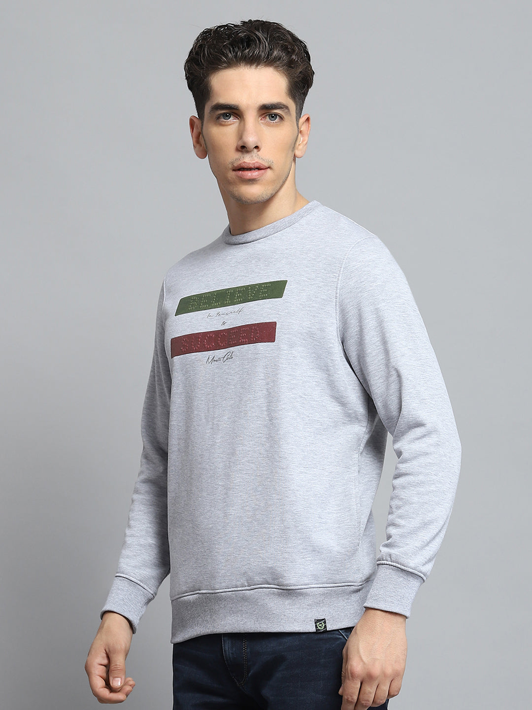 Men Grey Printed Round Neck Full Sleeve Sweatshirt