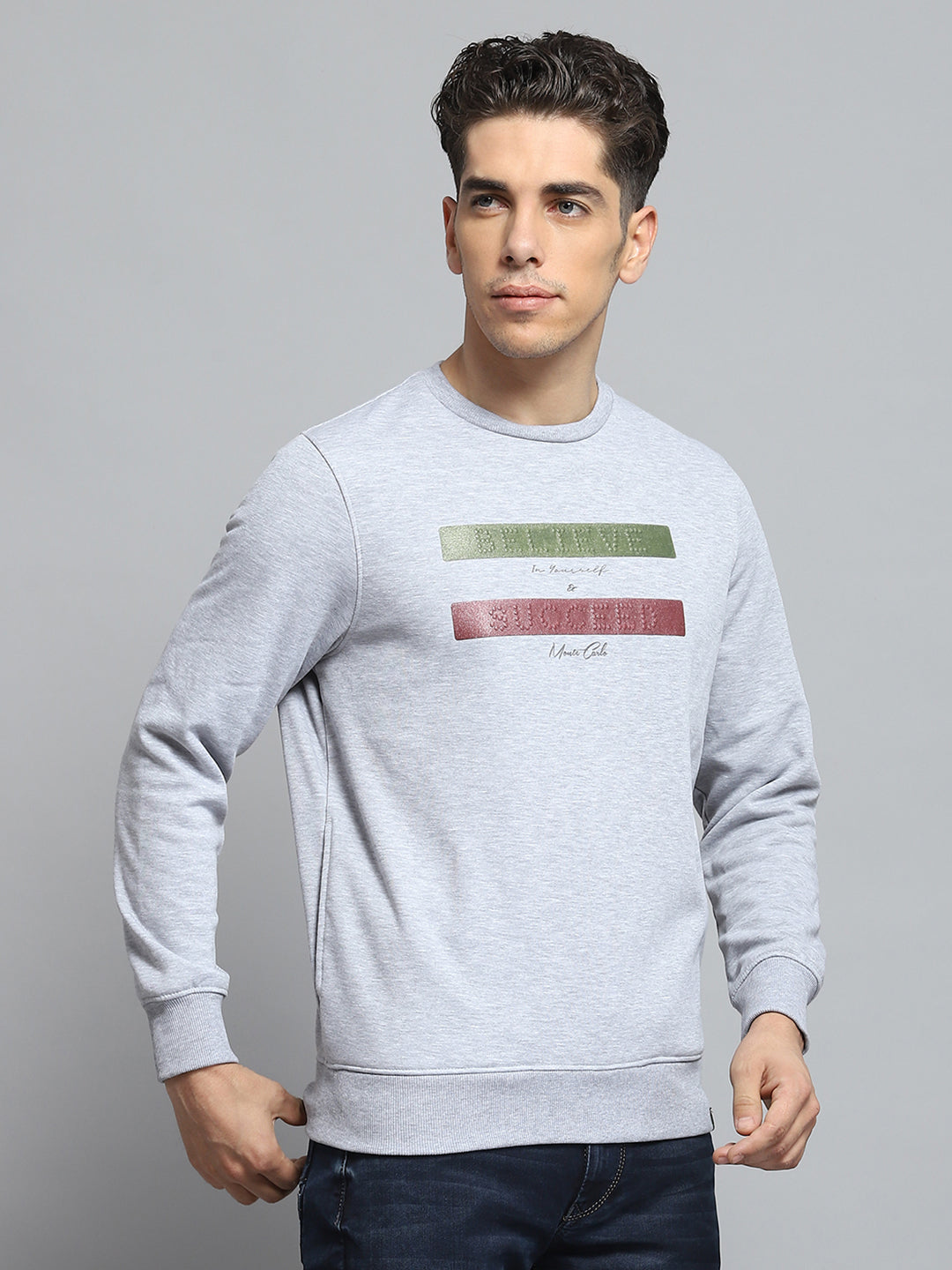 Men Grey Printed Round Neck Full Sleeve Sweatshirt