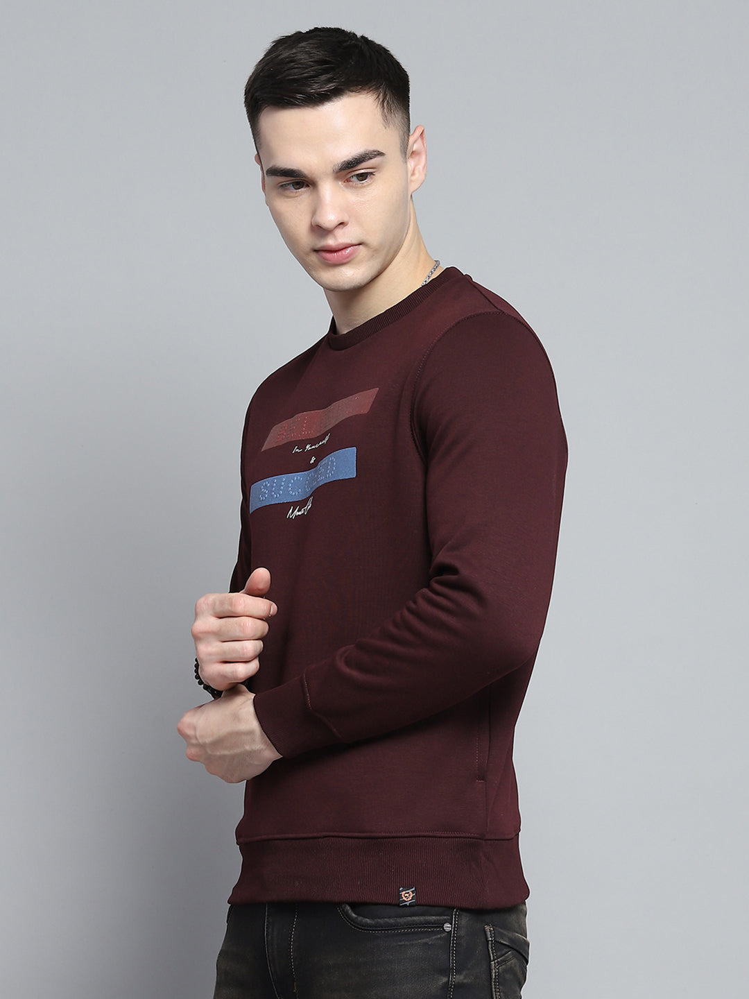 Men Maroon Printed Round Neck Full Sleeve Sweatshirt
