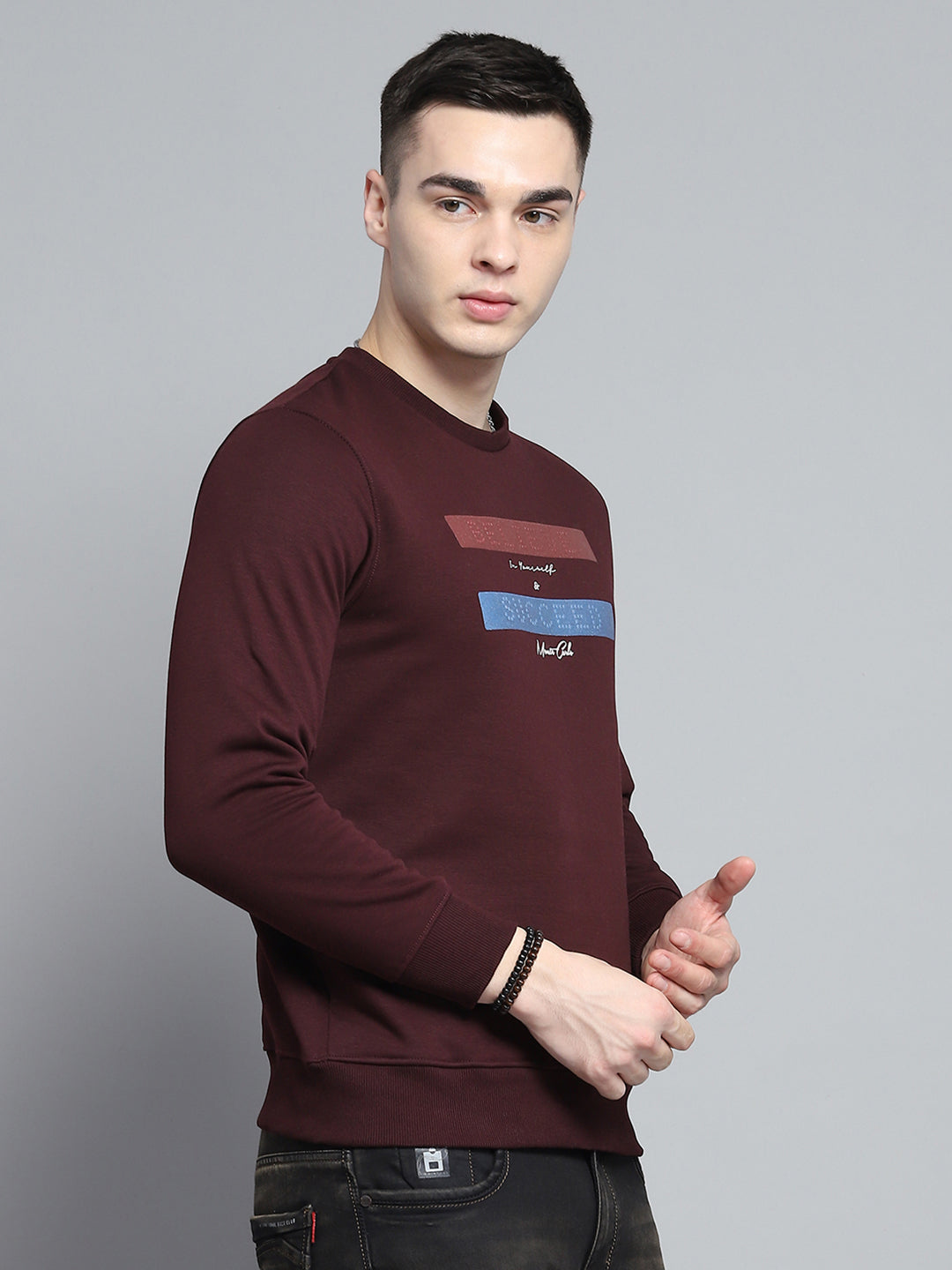 Men Maroon Printed Round Neck Full Sleeve Sweatshirt