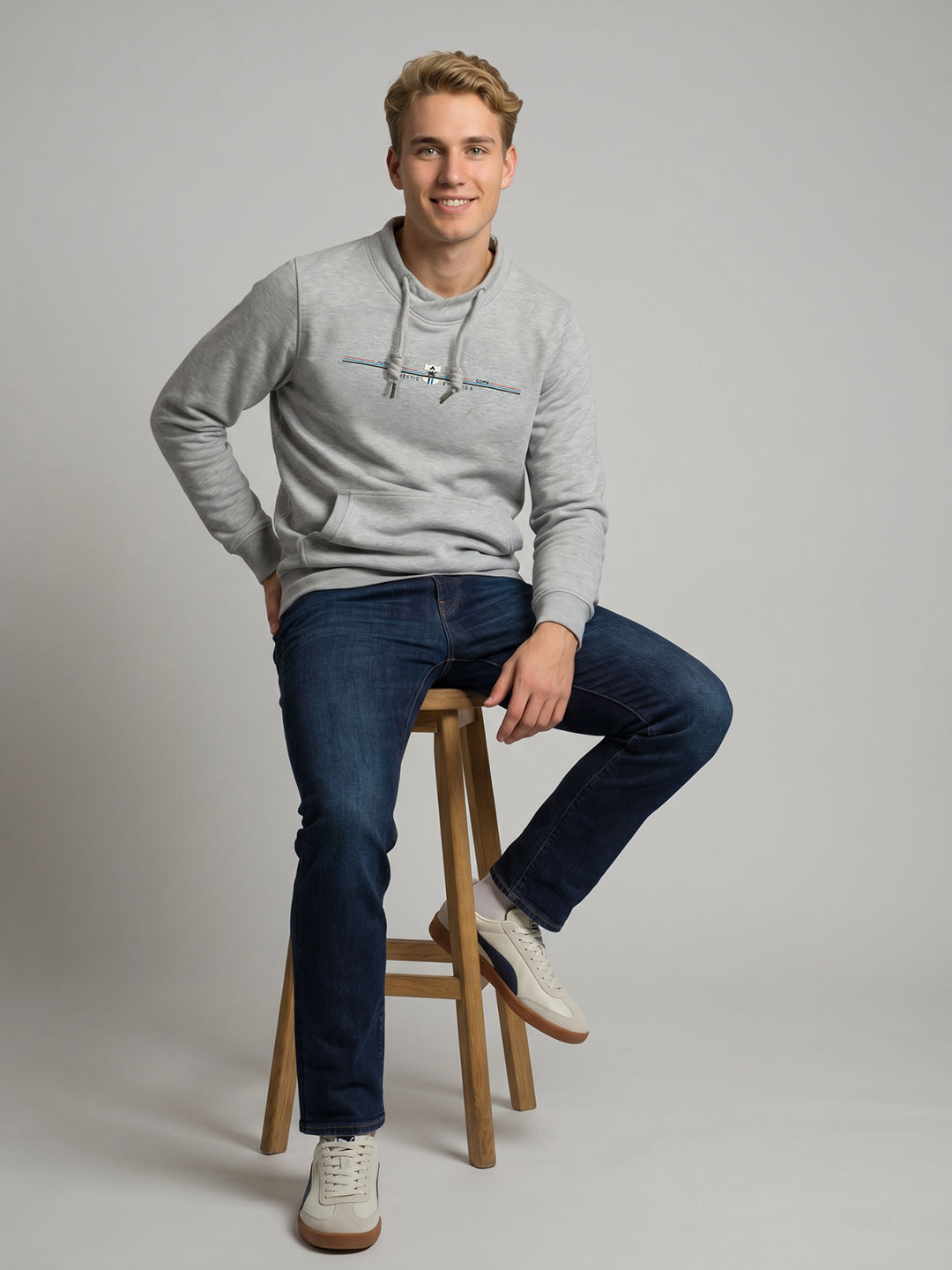 Men Grey Printed Overlap Neck Full Sleeve Sweatshirt
