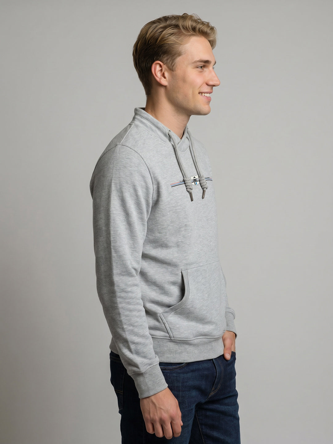 Men Grey Printed Overlap Neck Full Sleeve Sweatshirt