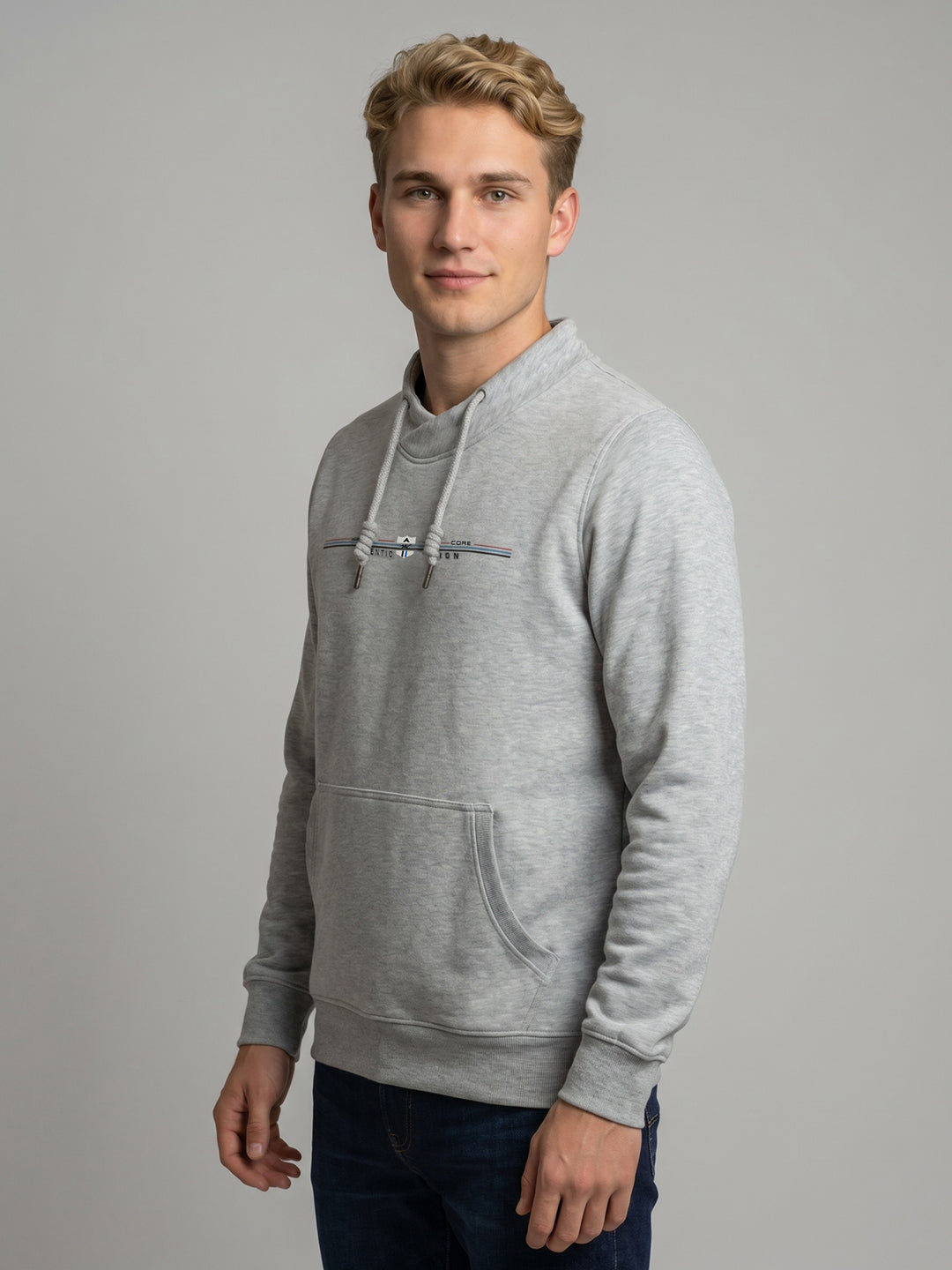 Men Grey Printed Overlap Neck Full Sleeve Sweatshirt