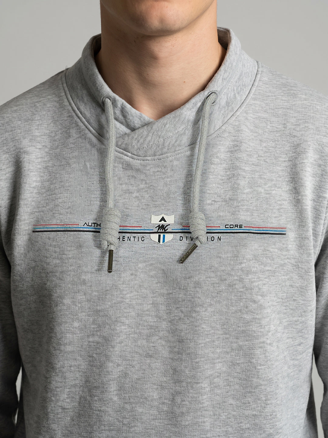 Men Grey Printed Overlap Neck Full Sleeve Sweatshirt