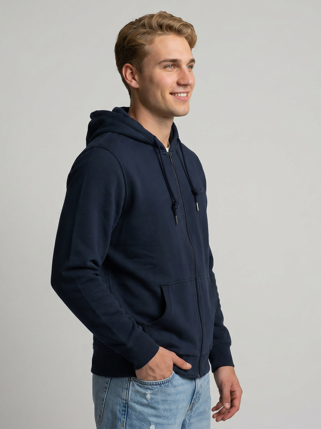 Men Navy Blue Solid Hooded Full Sleeve Sweatshirt