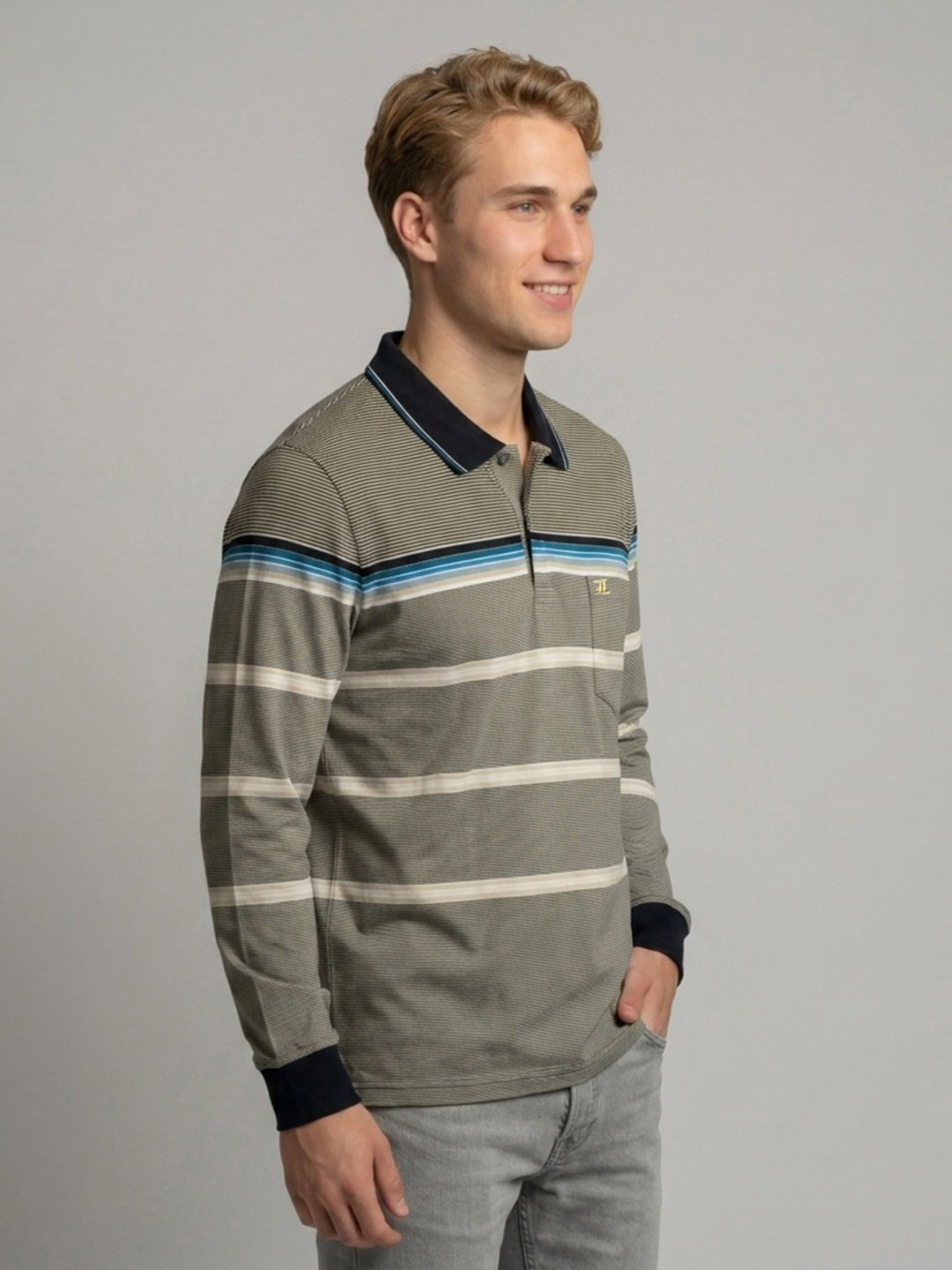 Luxuria Men Beige Stripe Polo Collar Full Sleeve Winter T-Shirt