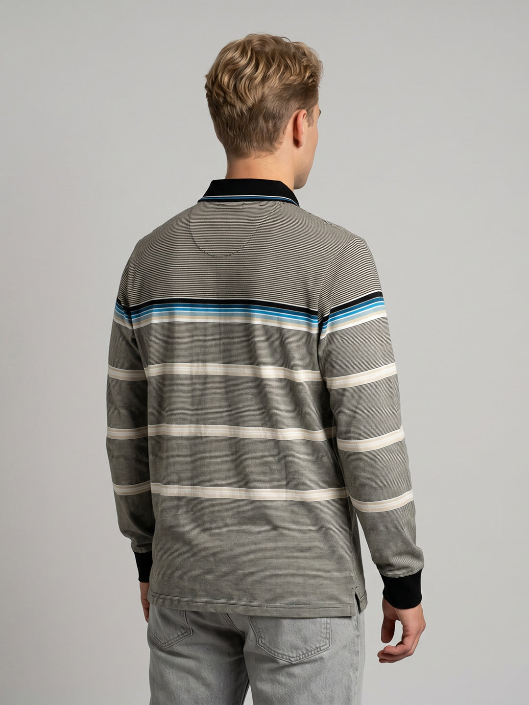 Luxuria Men Beige Stripe Polo Collar Full Sleeve Winter T-Shirt