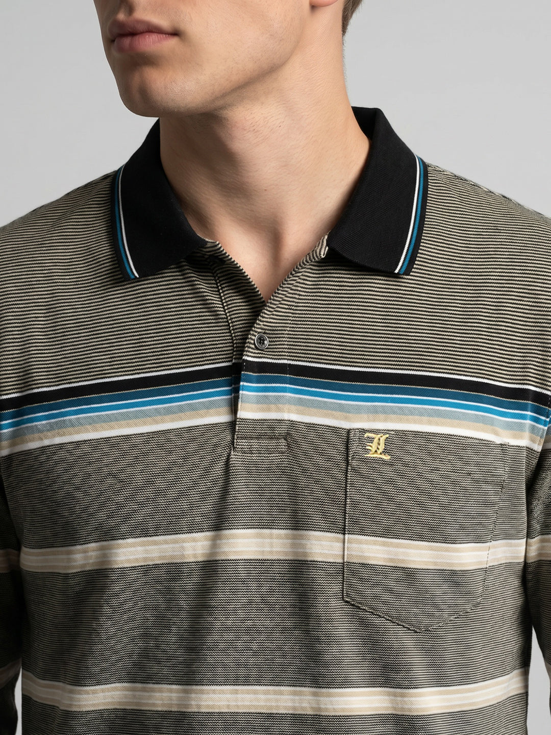 Luxuria Men Beige Stripe Polo Collar Full Sleeve Winter T-Shirt