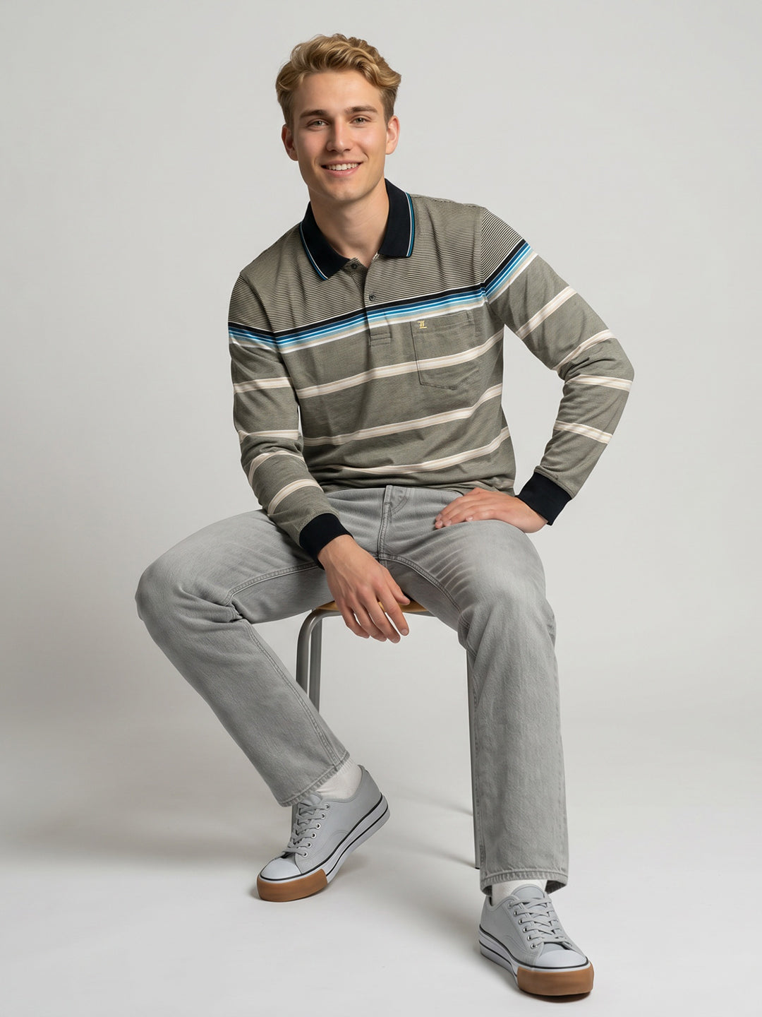 Luxuria Men Beige Stripe Polo Collar Full Sleeve Winter T-Shirt