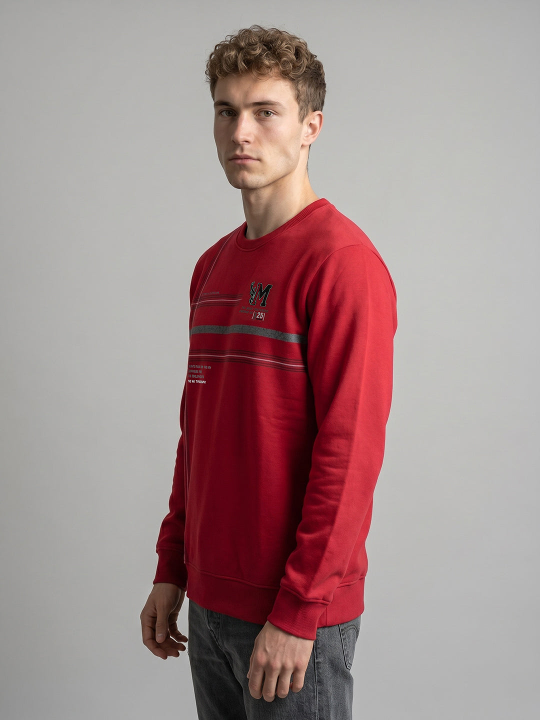Men Red Printed Round Neck Full Sleeve Sweatshirt
