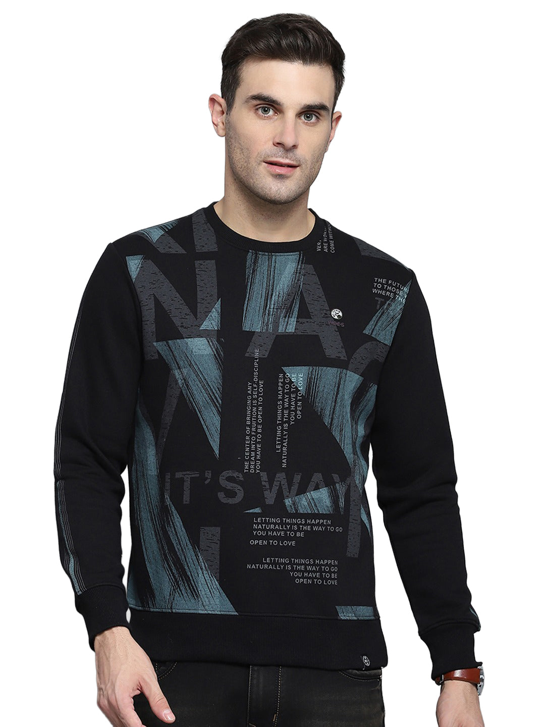Men Black Printed Round Neck Full Sleeve Sweatshirt