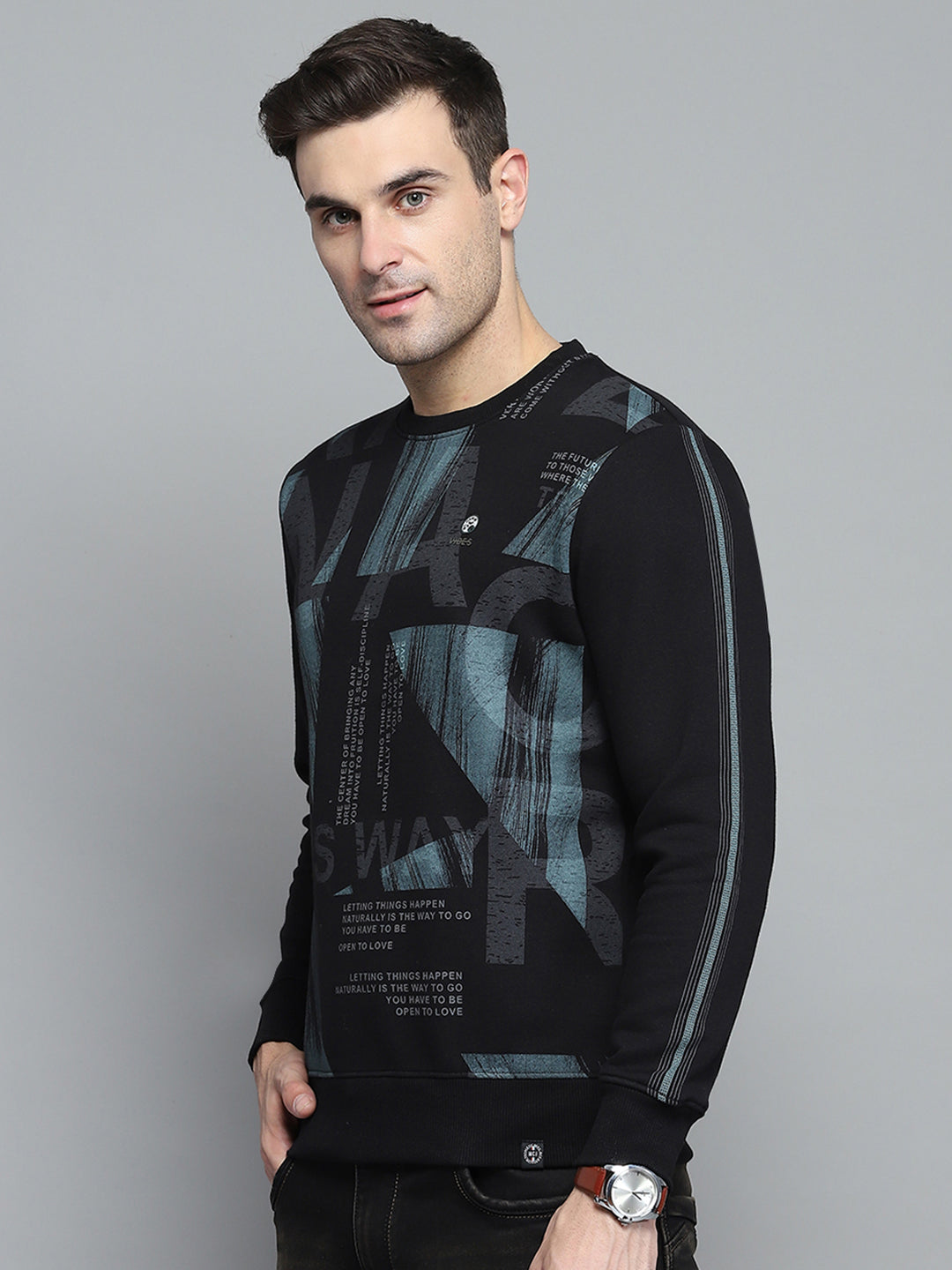 Men Black Printed Round Neck Full Sleeve Sweatshirt