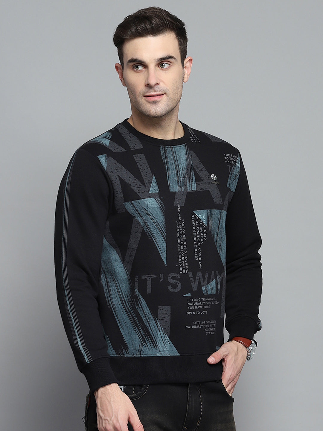 Men Black Printed Round Neck Full Sleeve Sweatshirt