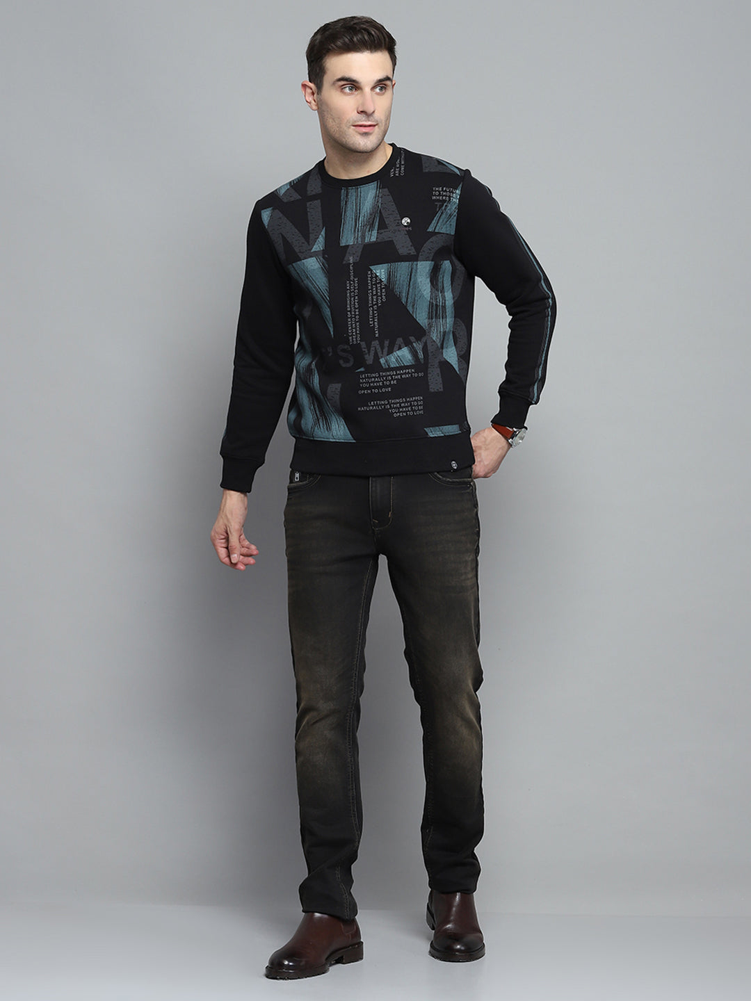 Men Black Printed Round Neck Full Sleeve Sweatshirt