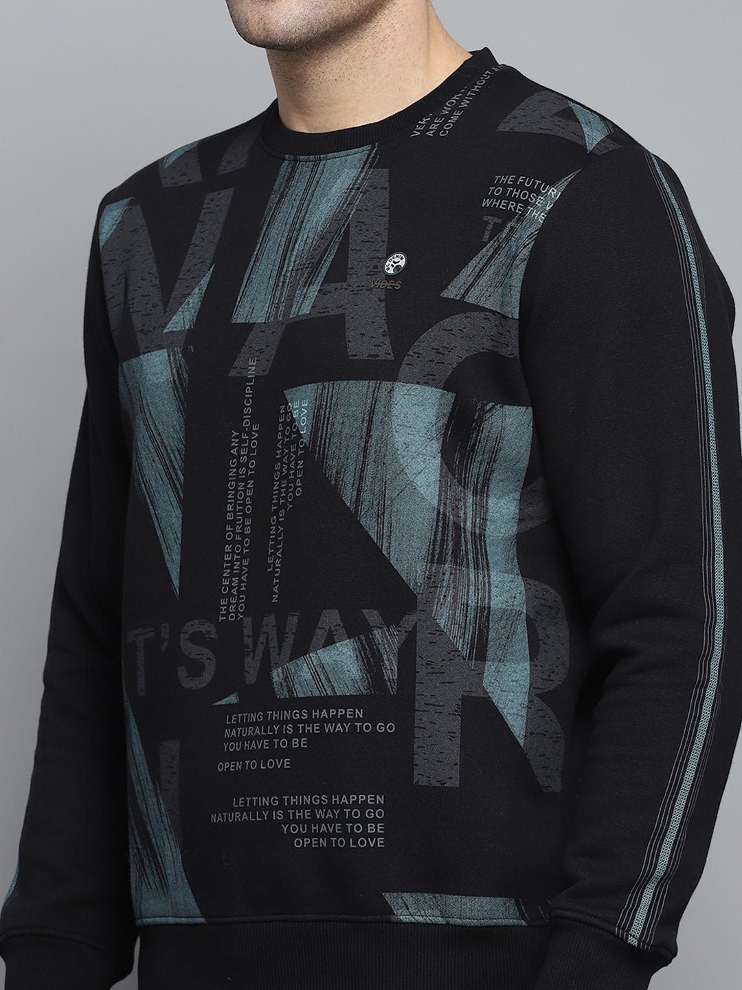 Men Black Printed Round Neck Full Sleeve Sweatshirt