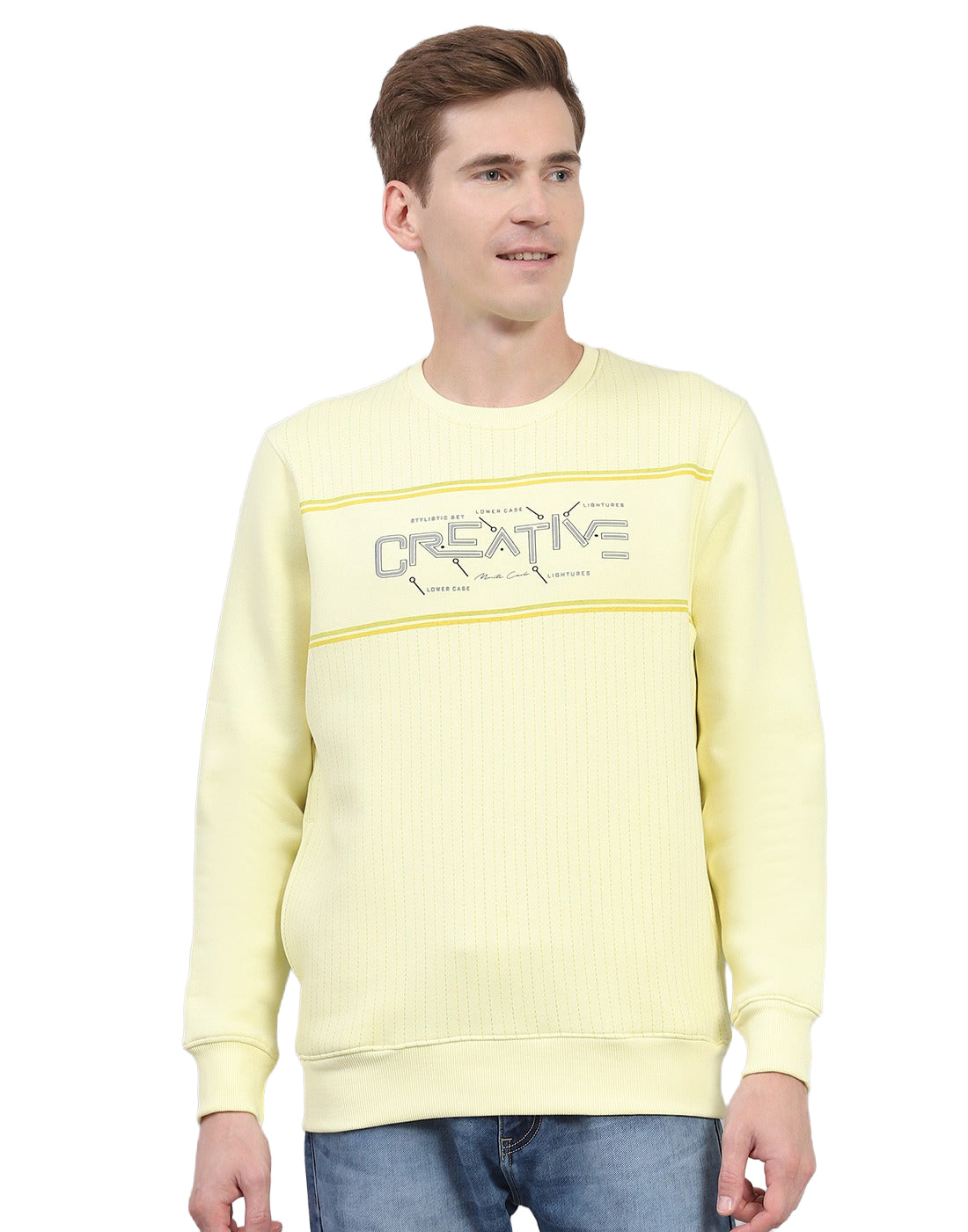 Men Yellow Printed Round Neck Full Sleeve Sweatshirt