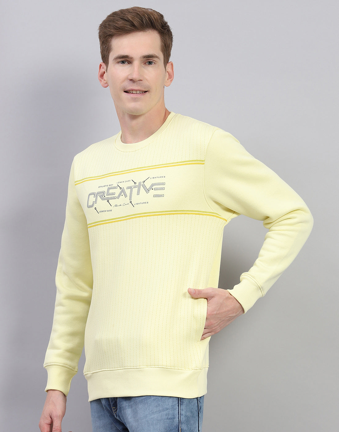 Men Yellow Printed Round Neck Full Sleeve Sweatshirt