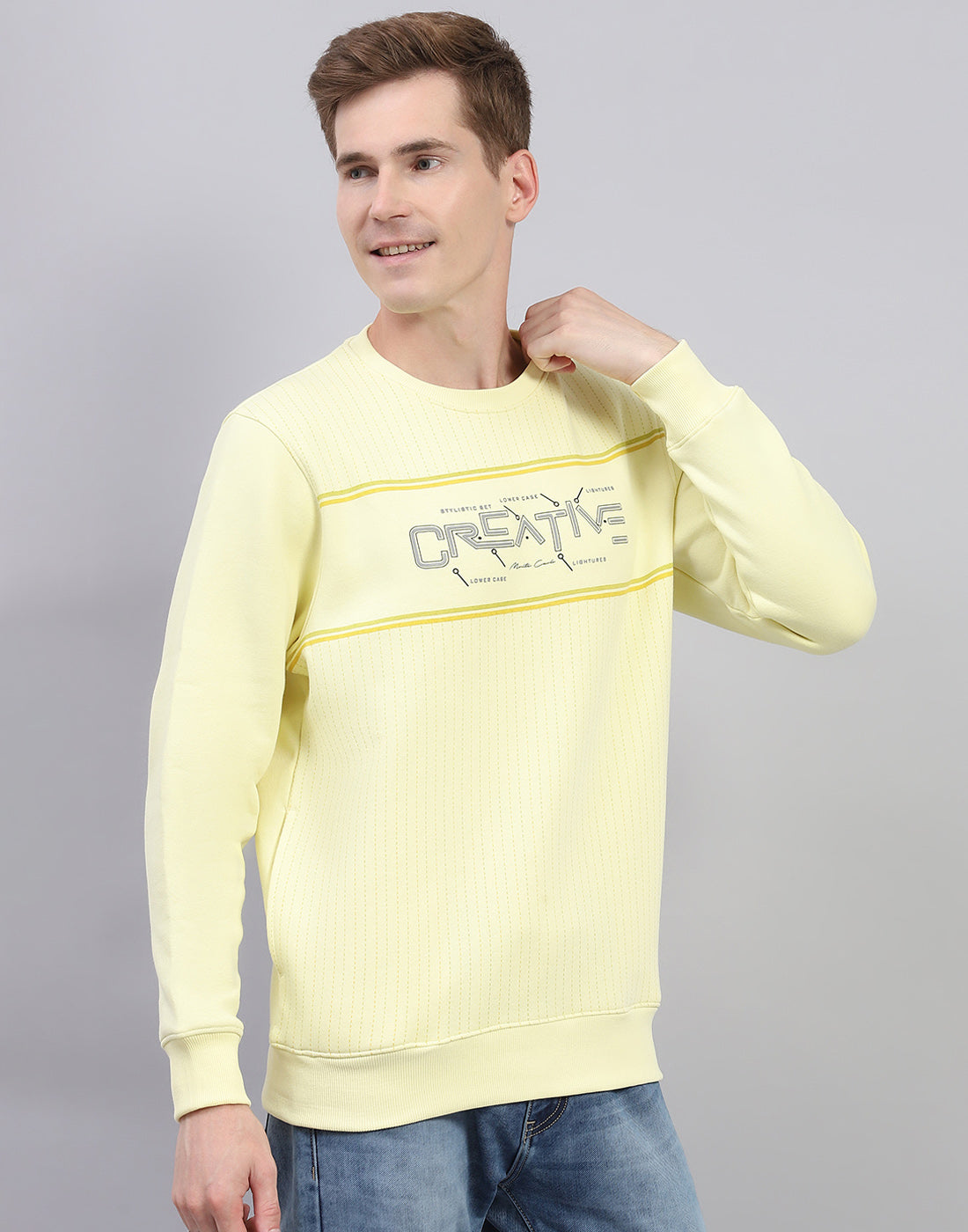 Men Yellow Printed Round Neck Full Sleeve Sweatshirt