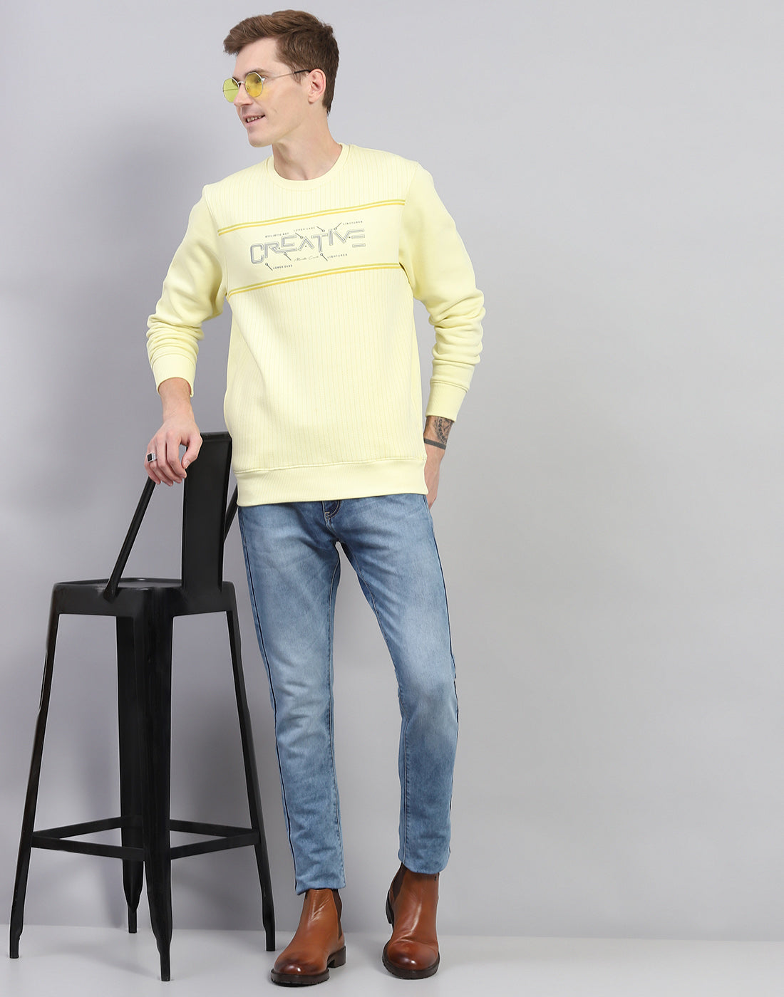Men Yellow Printed Round Neck Full Sleeve Sweatshirt