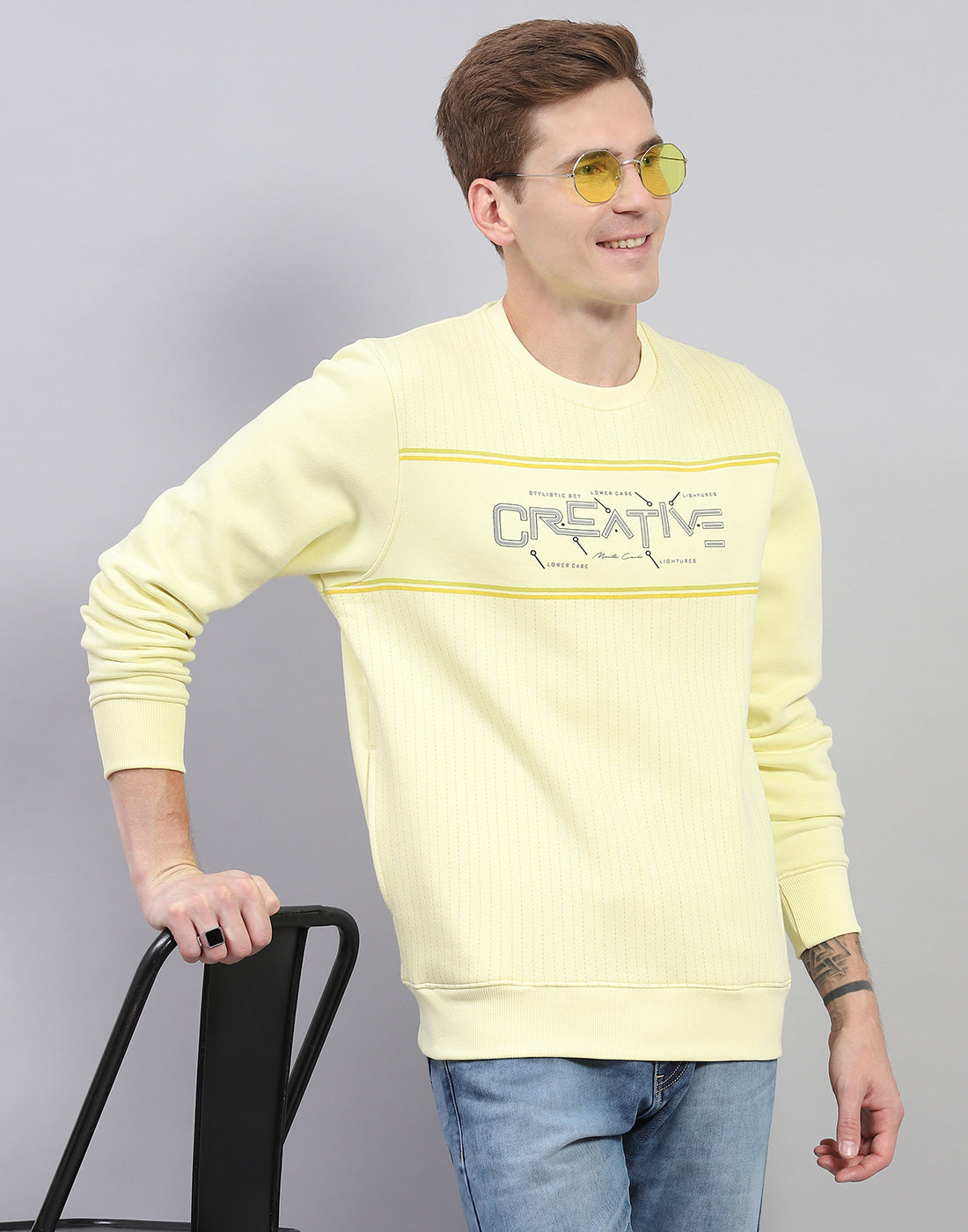 Men Yellow Printed Round Neck Full Sleeve Sweatshirt