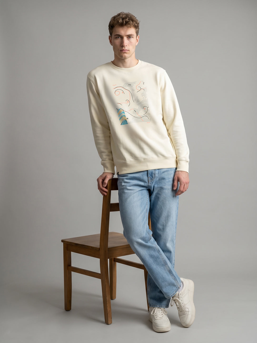 Men Yellow Printed Round Neck Full Sleeve Sweatshirt