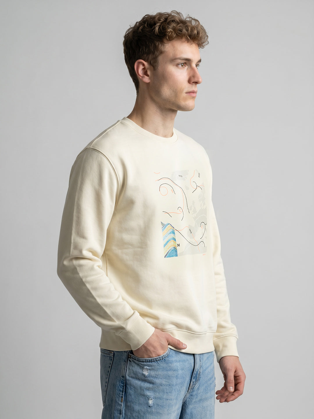 Men Yellow Printed Round Neck Full Sleeve Sweatshirt