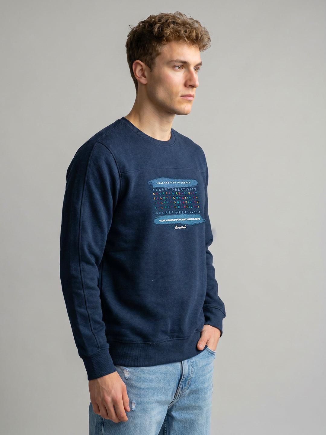 Men Blue Typography Print Round Neck Full Sleeve Sweatshirt