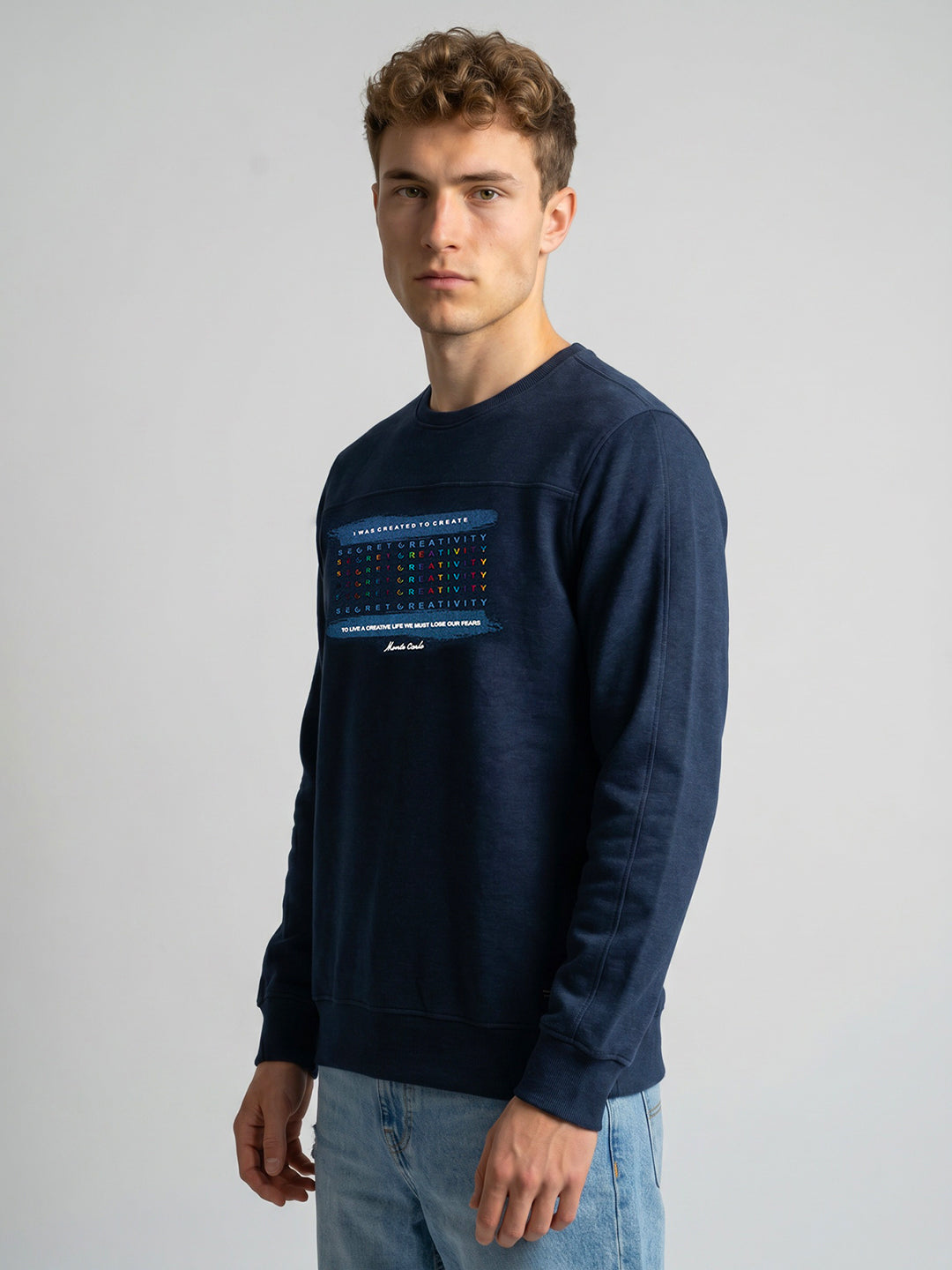 Men Blue Typography Print Round Neck Full Sleeve Sweatshirt