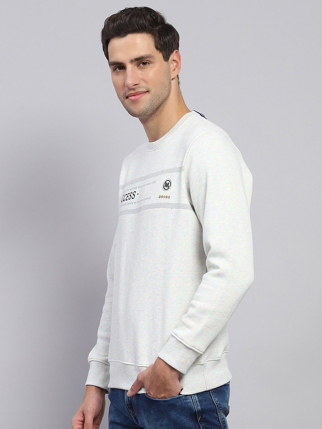 Men Grey Printed Round Neck Full Sleeve Sweatshirt